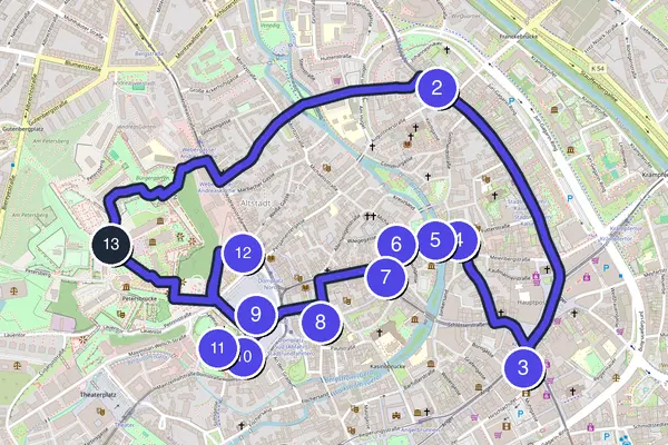 Routenkarte des Stadtrundgangs durch Erfurt