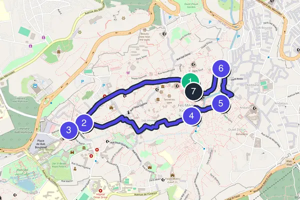 Walking tour route map of Fez