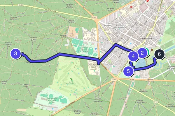 Walking tour route map of Fontainebleau