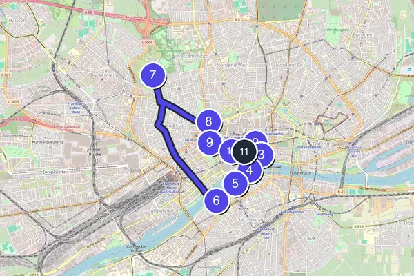 Walking tour route map of Frankfurt