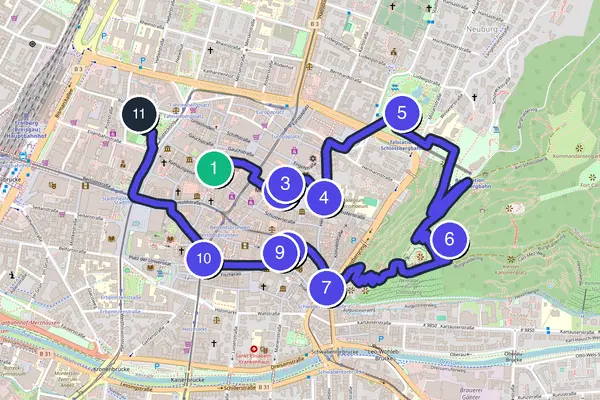 Walking tour route map of Freiburg