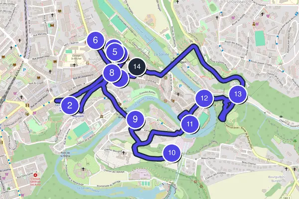 Routenkarte des Stadtrundgangs durch Freiburg im Üechtland