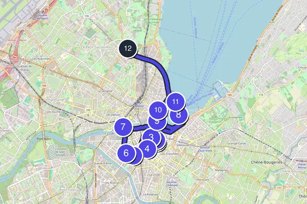 Walking tour route map of Geneva