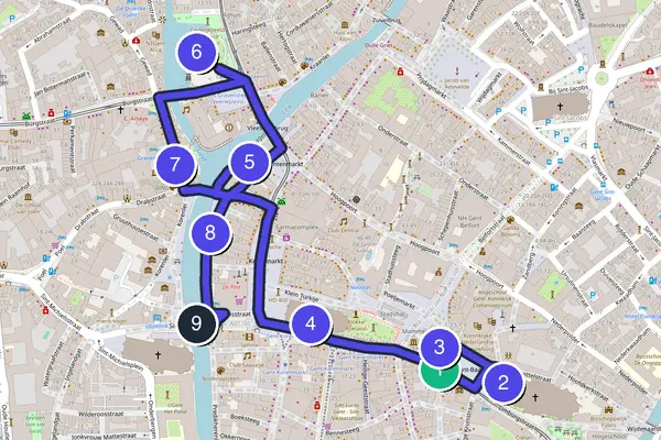 Routenkarte des Stadtrundgangs durch Gent