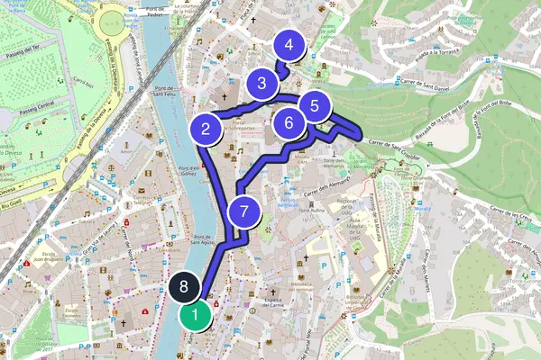 Routenkarte des Stadtrundgangs durch Girona