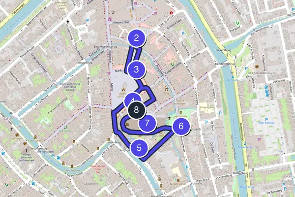 Routenkarte des Stadtrundgangs durch Gouda