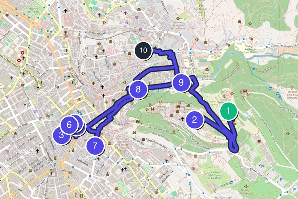 Routenkarte des Stadtrundgangs durch Granada