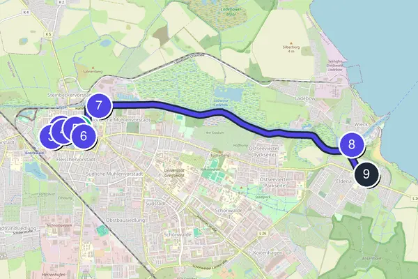 Walking tour route map of Greifswald