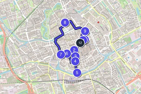 Routenkarte des Stadtrundgangs durch Groningen