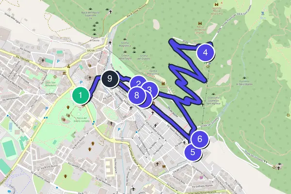 Walking tour route map of Gubbio