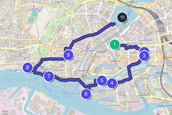 Walking tour route map of Hamburg