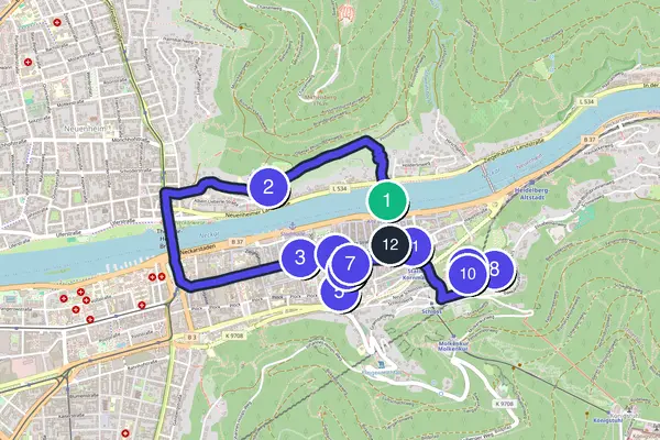 Routenkarte des Stadtrundgangs durch Heidelberg