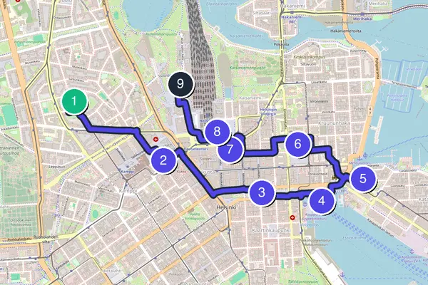 Walking tour route map of Helsinki