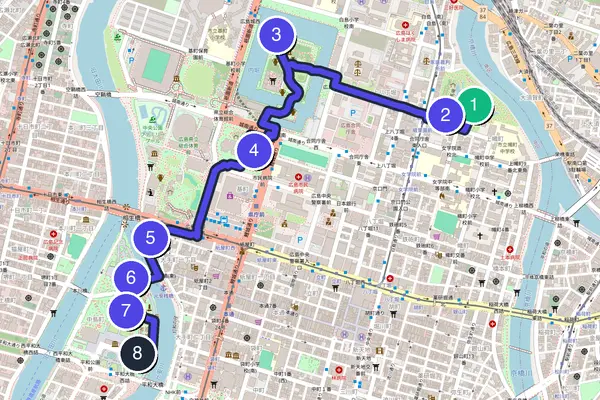 Routenkarte des Stadtrundgangs durch Hiroshima