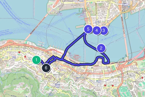 Walking tour route map of Hong Kong