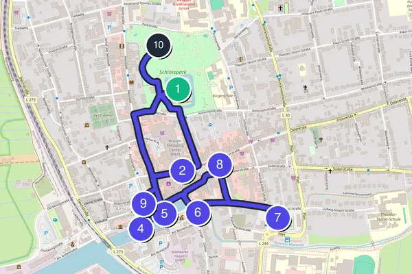 Walking tour route map of Husum