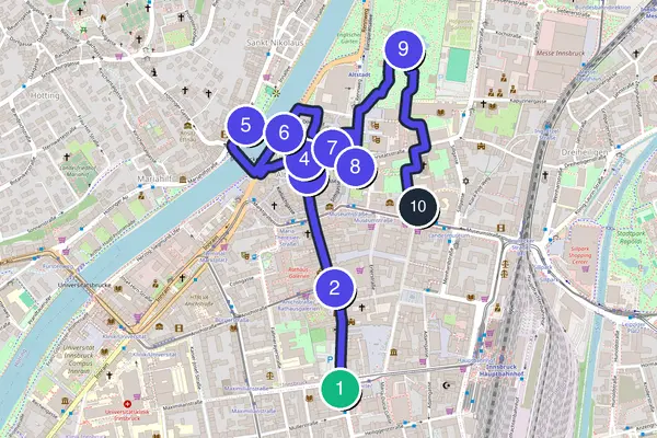 Walking tour route map of Innsbruck