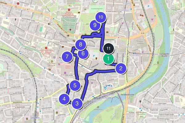 Walking tour route map of Jena