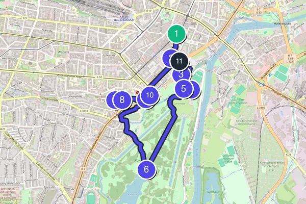 Routenkarte des Stadtrundgangs durch Kassel
