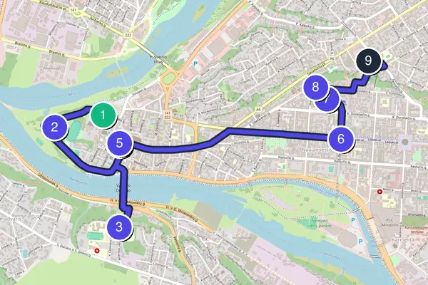 Routenkarte des Stadtrundgangs durch Kaunas