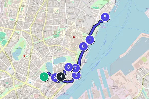 Walking tour route map of Kiel