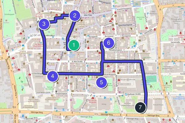 Routenkarte des Stadtrundgangs durch Klagenfurt