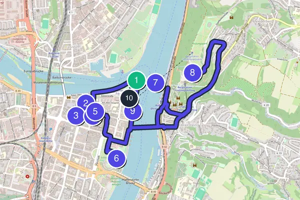 Walking tour route map of Koblenz