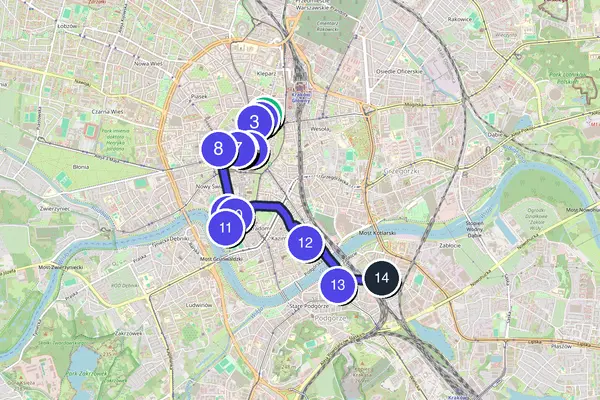 Routenkarte des Stadtrundgangs durch Krakau