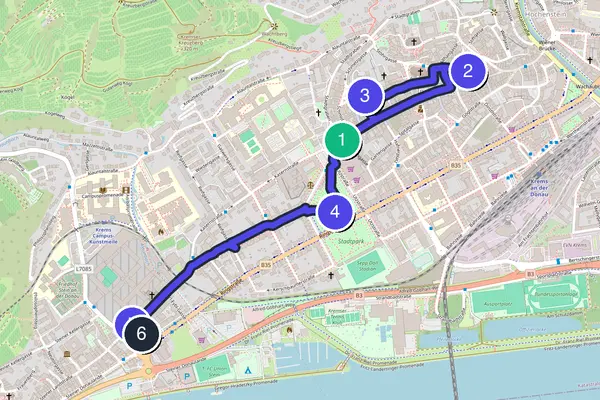 Routenkarte des Stadtrundgangs durch Krems an der Donau