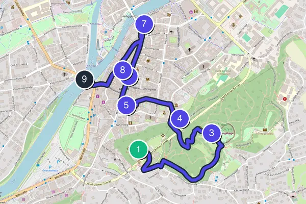 Routenkarte des Stadtrundgangs durch Landshut