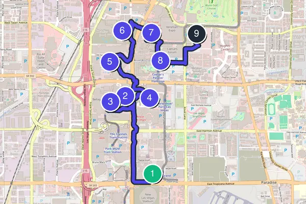 Walking tour route map of Las Vegas
