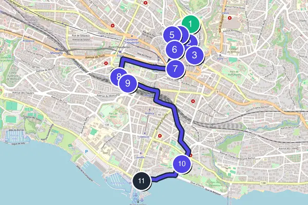 Routenkarte des Stadtrundgangs durch Lausanne