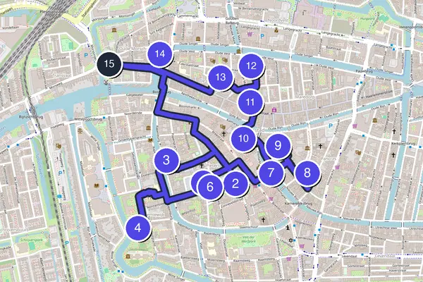 Walking tour route map of Leiden
