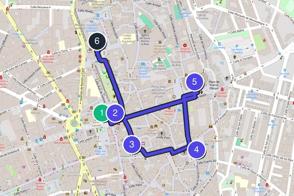Walking tour route map of León