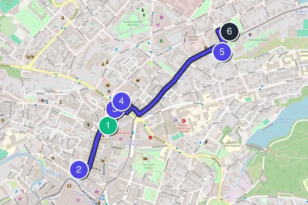 Walking tour route map of Liberec