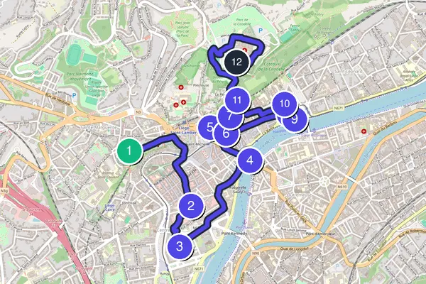Walking tour route map of Liège