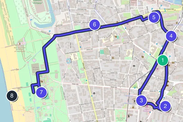Routenkarte des Stadtrundgangs durch Liepāja
