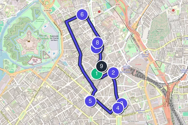 Walking tour route map of Lille