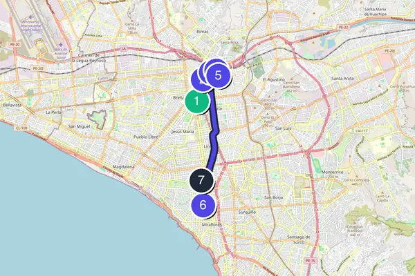 Walking tour route map of Lima
