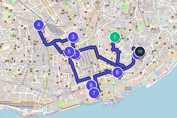 Routenkarte des Stadtrundgangs durch Lissabon