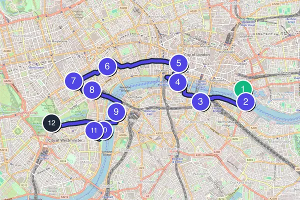 Walking tour route map of London