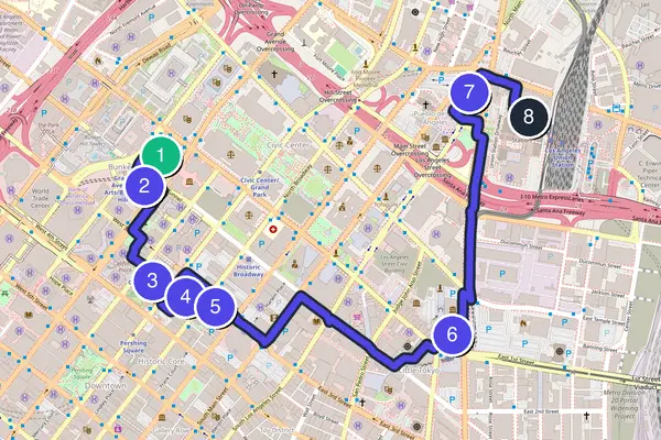Walking tour route map of Los Angeles