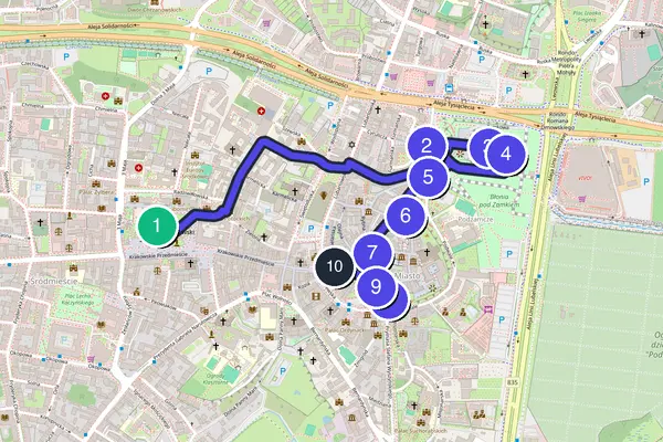 Walking tour route map of Lublin