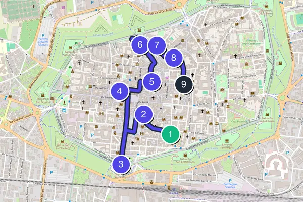 Walking tour route map of Lucca