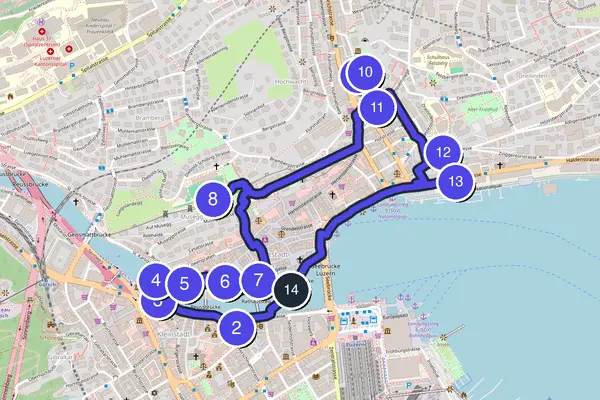 Routenkarte des Stadtrundgangs durch Luzern