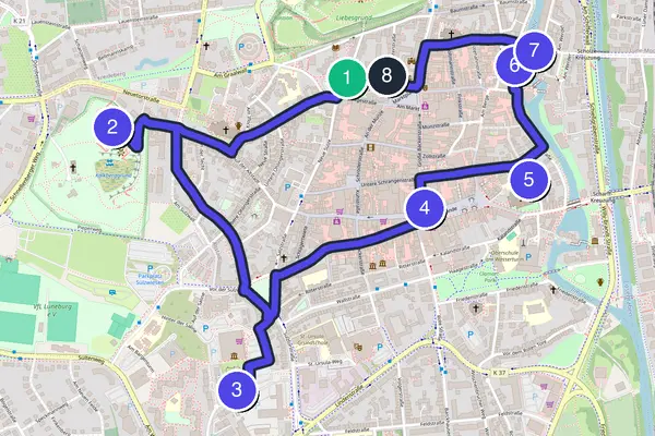 Routenkarte des Stadtrundgangs durch Lüneburg