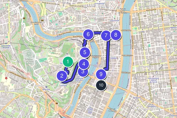 Routenkarte des Stadtrundgangs durch Lyon