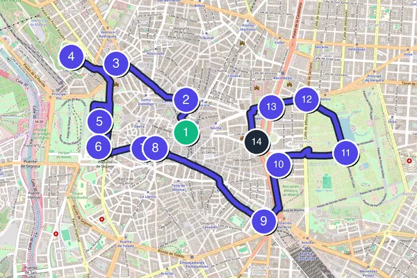 Routenkarte des Stadtrundgangs durch Madrid