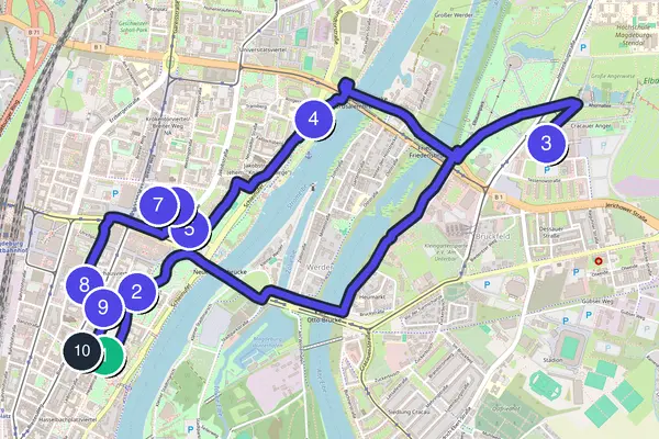 Routenkarte des Stadtrundgangs durch Magdeburg