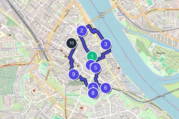Routenkarte des Stadtrundgangs durch Mainz